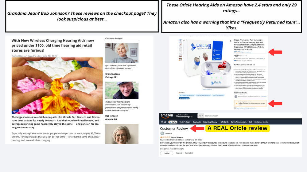 Screen capture of a web page with Amazon product listings, suspicious customer reviews, and promotional text.