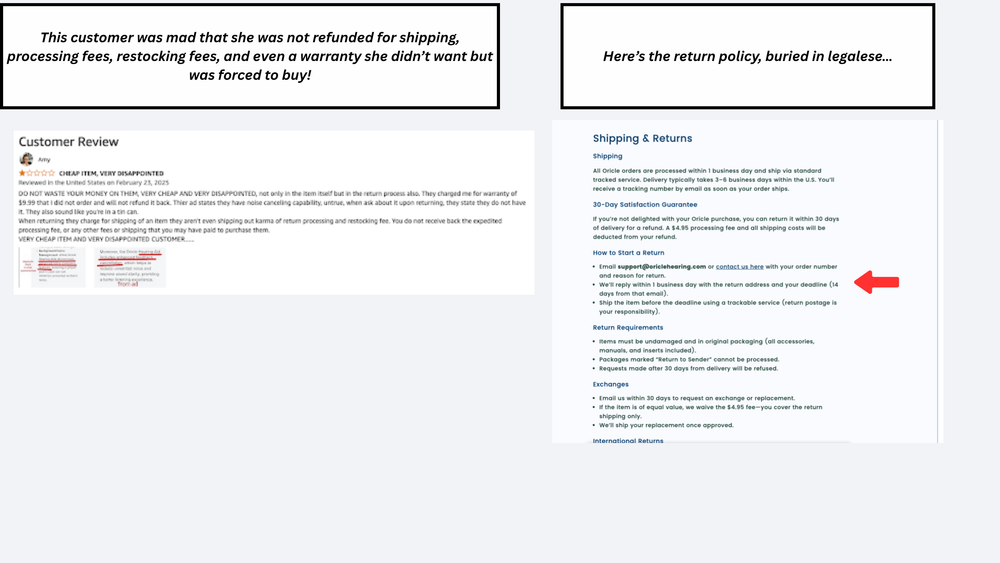 Screen capture of a customer review and return policy section on a website