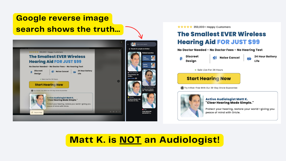 Side-by-side screenshots showing Oricle Hearing's webpage with a testimonial from "Active Audiologist Matt K." alongside a  search result revealing that Matt K. is NOT an Audiologist!