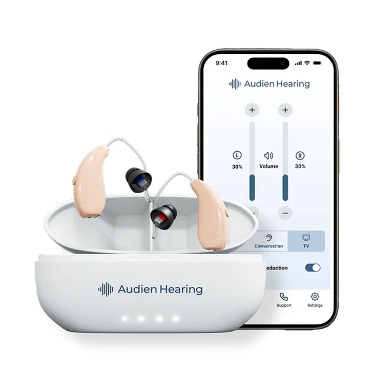 Audien Hearing ION series hearing aids in charging case with smartphone app showing volume and sound settings

