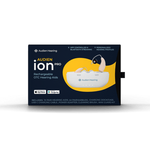 Retail packaging of Audien Ion Pro rechargeable OTC hearing aids with product image on box