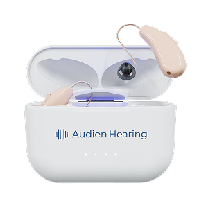 Audien Hearing device in a white case on a transparent  background

